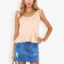 Beige Medium Women's Sleeveless Peplum Top With Tie Shoulder Straps And Scoop Neck