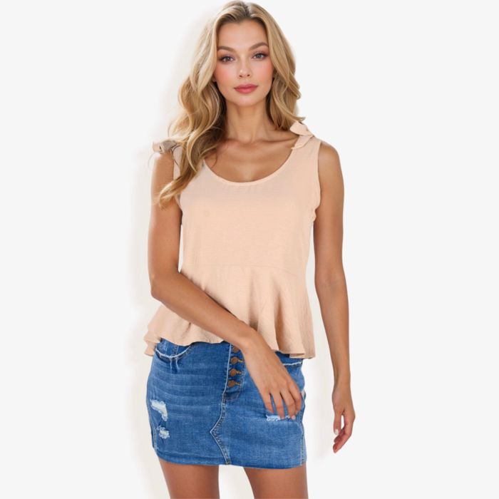 Women's Sleeveless Peplum Top With Tie Shoulder Straps And Scoop Neck