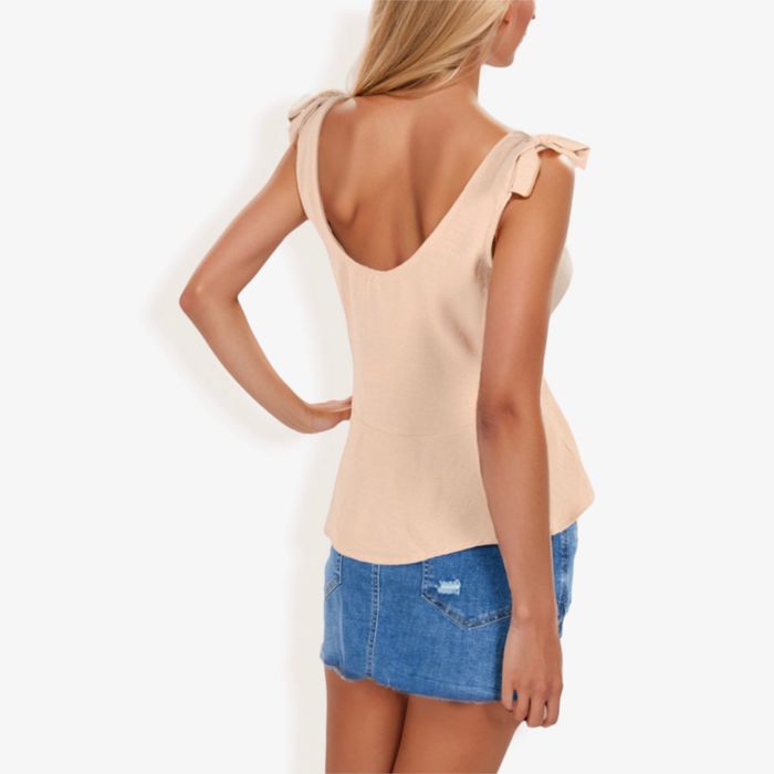 Women's Sleeveless Peplum Top With Tie Shoulder Straps And Scoop Neck