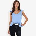 Blue Medium Women's Sleeveless Peplum Top With Tie Shoulder Straps And Scoop Neck