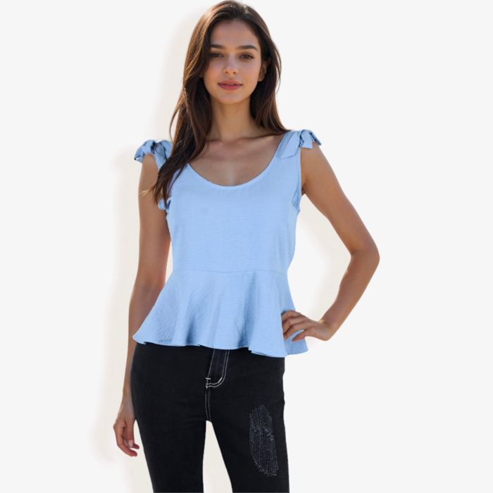 Women's Sleeveless Peplum Top With Tie Shoulder Straps And Scoop Neck
