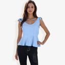 Blue Medium Women's Sleeveless Peplum Top With Tie Shoulder Straps And Scoop Neck