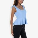 Blue Small Women's Sleeveless Peplum Top With Tie Shoulder Straps And Scoop Neck