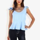 Blue XL Women's Sleeveless Peplum Top With Tie Shoulder Straps And Scoop Neck