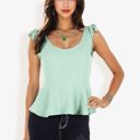 Green Medium Women's Sleeveless Peplum Top With Tie Shoulder Straps And Scoop Neck