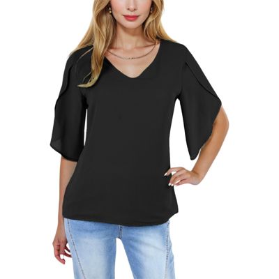 Women's Short Sleeve V-Neck Blouse With Layered Bell Sleeves