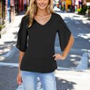 Black Large Women's Short Sleeve V-Neck Blouse With Layered Bell Sleeves