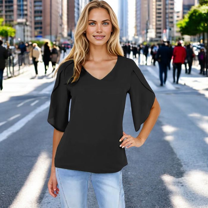 Women's Short Sleeve V-Neck Blouse With Layered Bell Sleeves