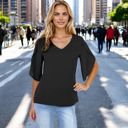 Black Small Women's Short Sleeve V-Neck Blouse With Layered Bell Sleeves