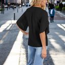 Black Small Women's Short Sleeve V-Neck Blouse With Layered Bell Sleeves