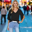 Black Small Women's Short Sleeve V-Neck Blouse With Layered Bell Sleeves