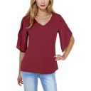 Red Large Women's Short Sleeve V-Neck Blouse With Layered Bell Sleeves
