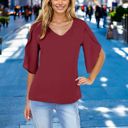 Red Large Women's Short Sleeve V-Neck Blouse With Layered Bell Sleeves