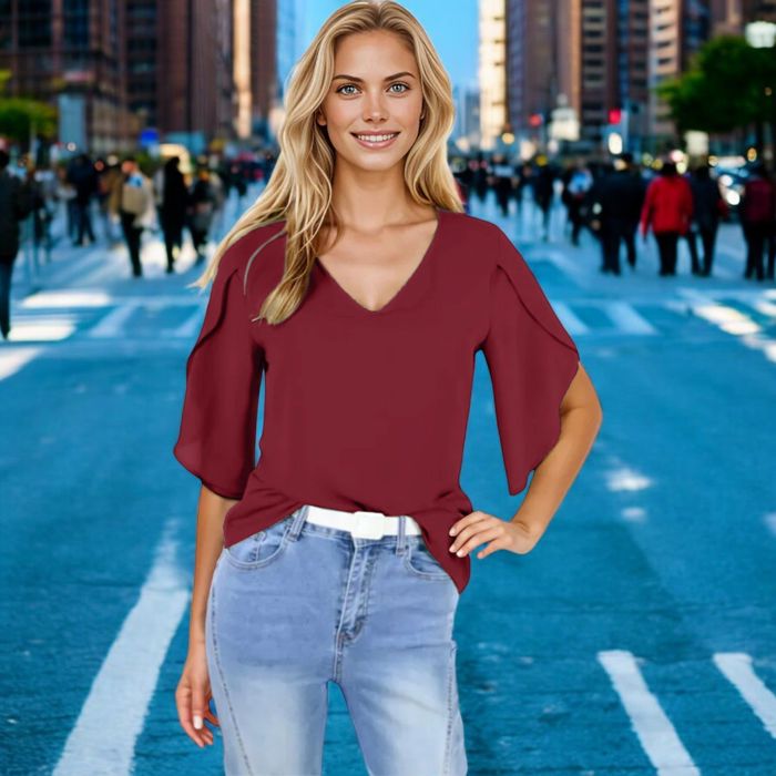 Women's Short Sleeve V-Neck Blouse With Layered Bell Sleeves