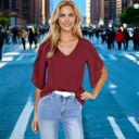 Red Small Women's Short Sleeve V-Neck Blouse With Layered Bell Sleeves