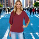 Red Small Women's Short Sleeve V-Neck Blouse With Layered Bell Sleeves