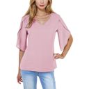 Pink Small Women's Short Sleeve V-Neck Blouse With Layered Bell Sleeves