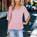 Pink XL Women's Short Sleeve V-Neck Blouse With Layered Bell Sleeves