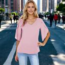 Pink XL Women's Short Sleeve V-Neck Blouse With Layered Bell Sleeves