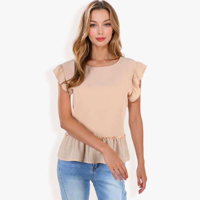 Women's Flutter Sleeve Round Neck Blouse With Gathered Waist