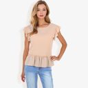 Beige Large Women's Flutter Sleeve Round Neck Blouse With Gathered Waist
