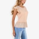 Beige Large Women's Flutter Sleeve Round Neck Blouse With Gathered Waist