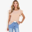Beige Large Women's Flutter Sleeve Round Neck Blouse With Gathered Waist