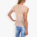 Beige Large Women's Flutter Sleeve Round Neck Blouse With Gathered Waist