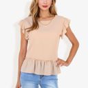 Beige XL Women's Flutter Sleeve Round Neck Blouse With Gathered Waist