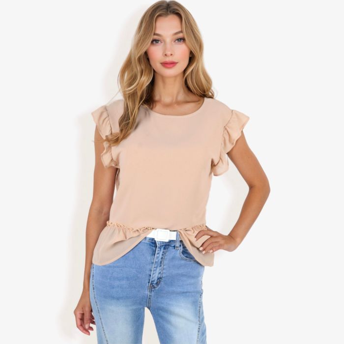 Women's Flutter Sleeve Round Neck Blouse With Gathered Waist