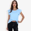 Blue Large Women's Flutter Sleeve Round Neck Blouse With Gathered Waist