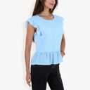 Blue Large Women's Flutter Sleeve Round Neck Blouse With Gathered Waist