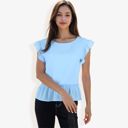 Blue Small Women's Flutter Sleeve Round Neck Blouse With Gathered Waist