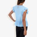 Blue Small Women's Flutter Sleeve Round Neck Blouse With Gathered Waist