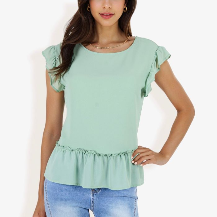 Women's Flutter Sleeve Round Neck Blouse With Gathered Waist