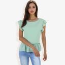 Green Medium Women's Flutter Sleeve Round Neck Blouse With Gathered Waist