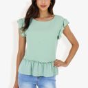 Green Small Women's Flutter Sleeve Round Neck Blouse With Gathered Waist