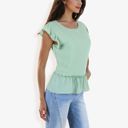 Green Small Women's Flutter Sleeve Round Neck Blouse With Gathered Waist