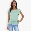 Green Small Women's Flutter Sleeve Round Neck Blouse With Gathered Waist