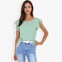 Green XL Women's Flutter Sleeve Round Neck Blouse With Gathered Waist