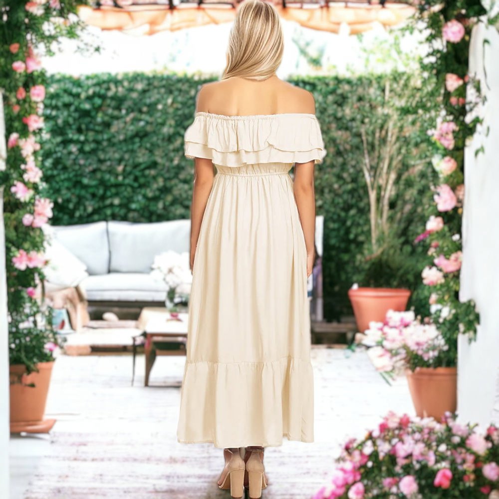 Off-Shoulder Ruffle Maxi Dress with Elastic Waistband