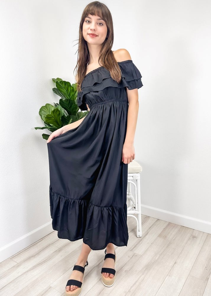 Off-Shoulder Ruffle Maxi Dress with Elastic Waistband