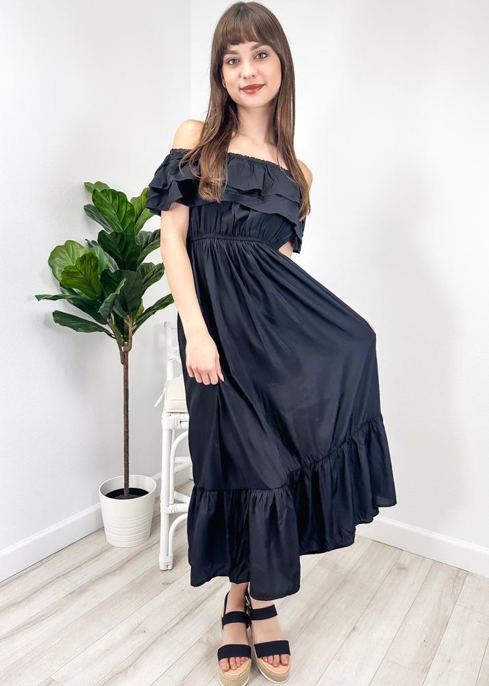 Off-Shoulder Ruffle Maxi Dress with Elastic Waistband