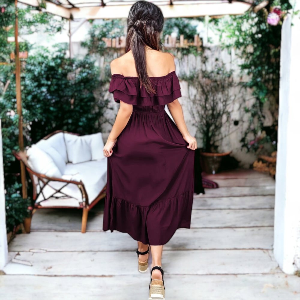 Off-Shoulder Ruffle Maxi Dress with Elastic Waistband