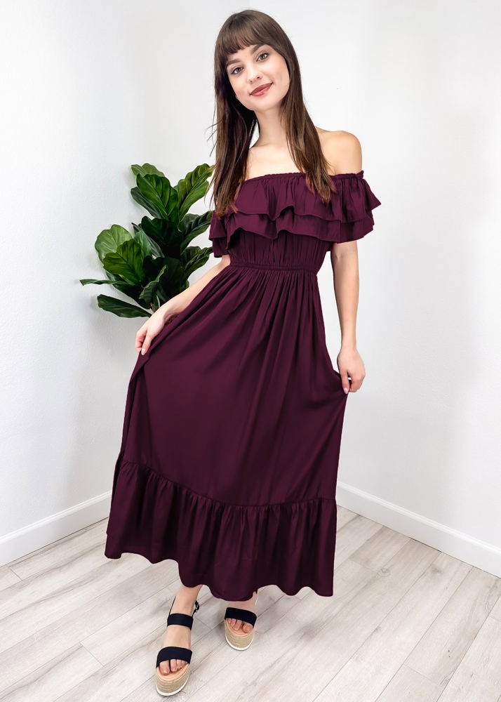 Off-Shoulder Ruffle Maxi Dress with Elastic Waistband