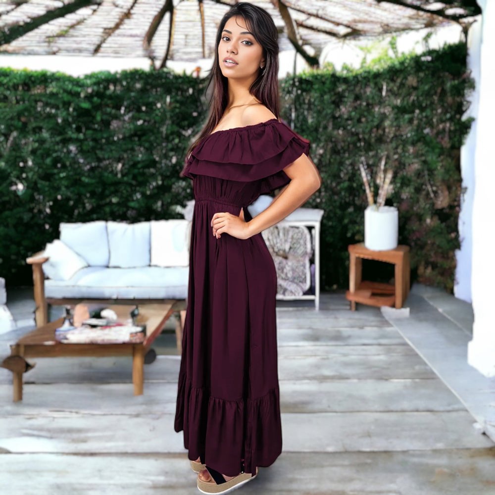 Off-Shoulder Ruffle Maxi Dress with Elastic Waistband