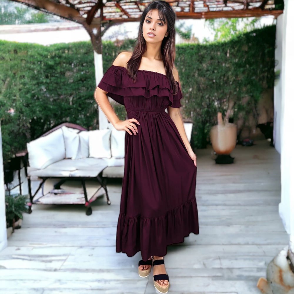 Off-Shoulder Ruffle Maxi Dress with Elastic Waistband