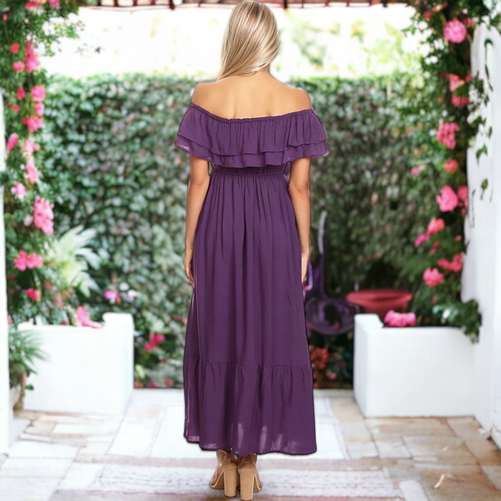 Off-Shoulder Ruffle Maxi Dress with Elastic Waistband