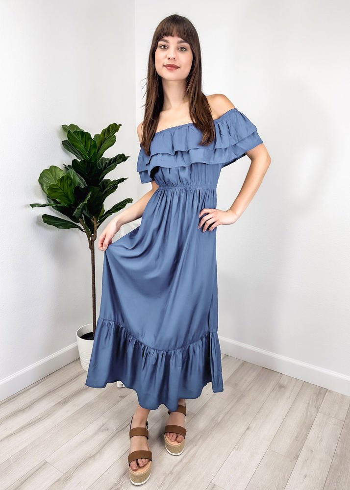 Off-Shoulder Ruffle Maxi Dress with Elastic Waistband