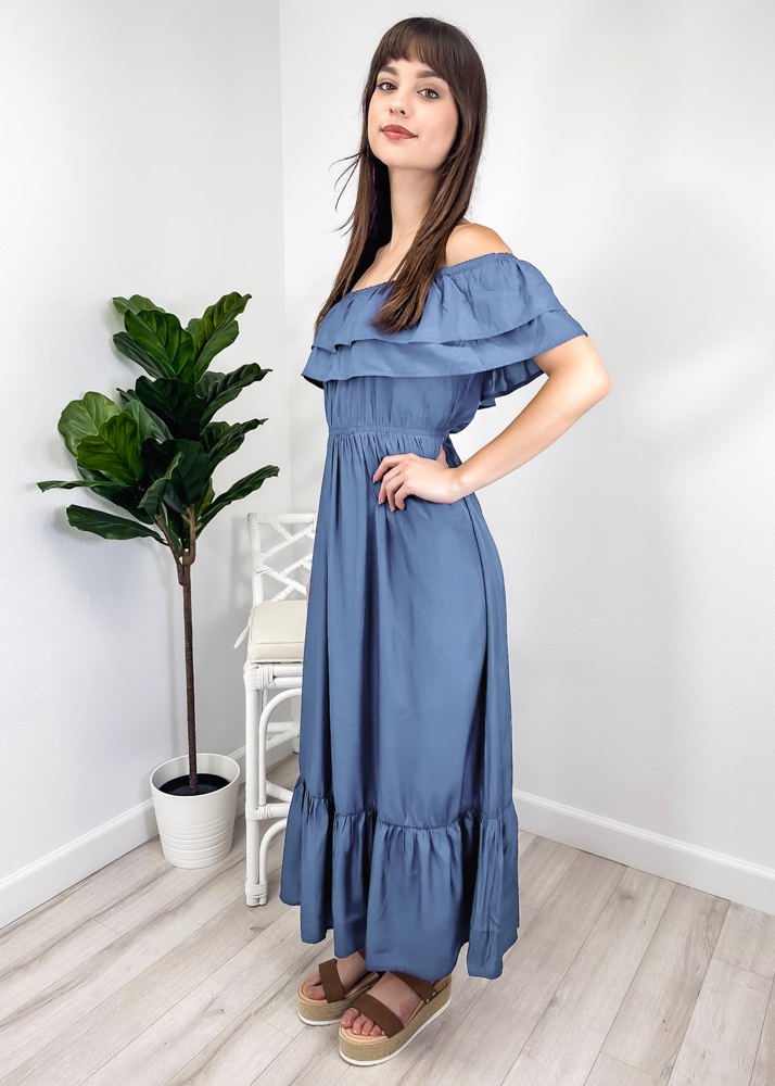 Off-Shoulder Ruffle Maxi Dress with Elastic Waistband